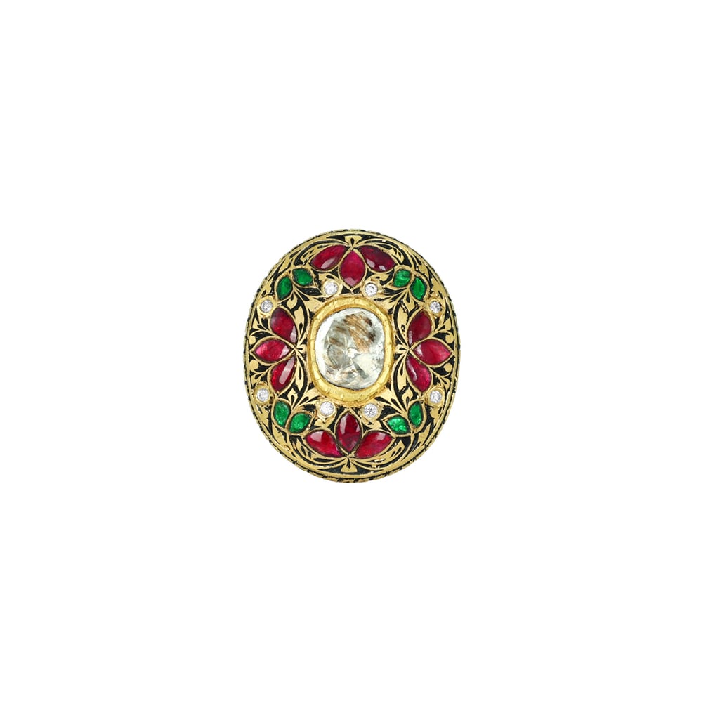 Polki Ring with Red and Green Talaf Floral Design